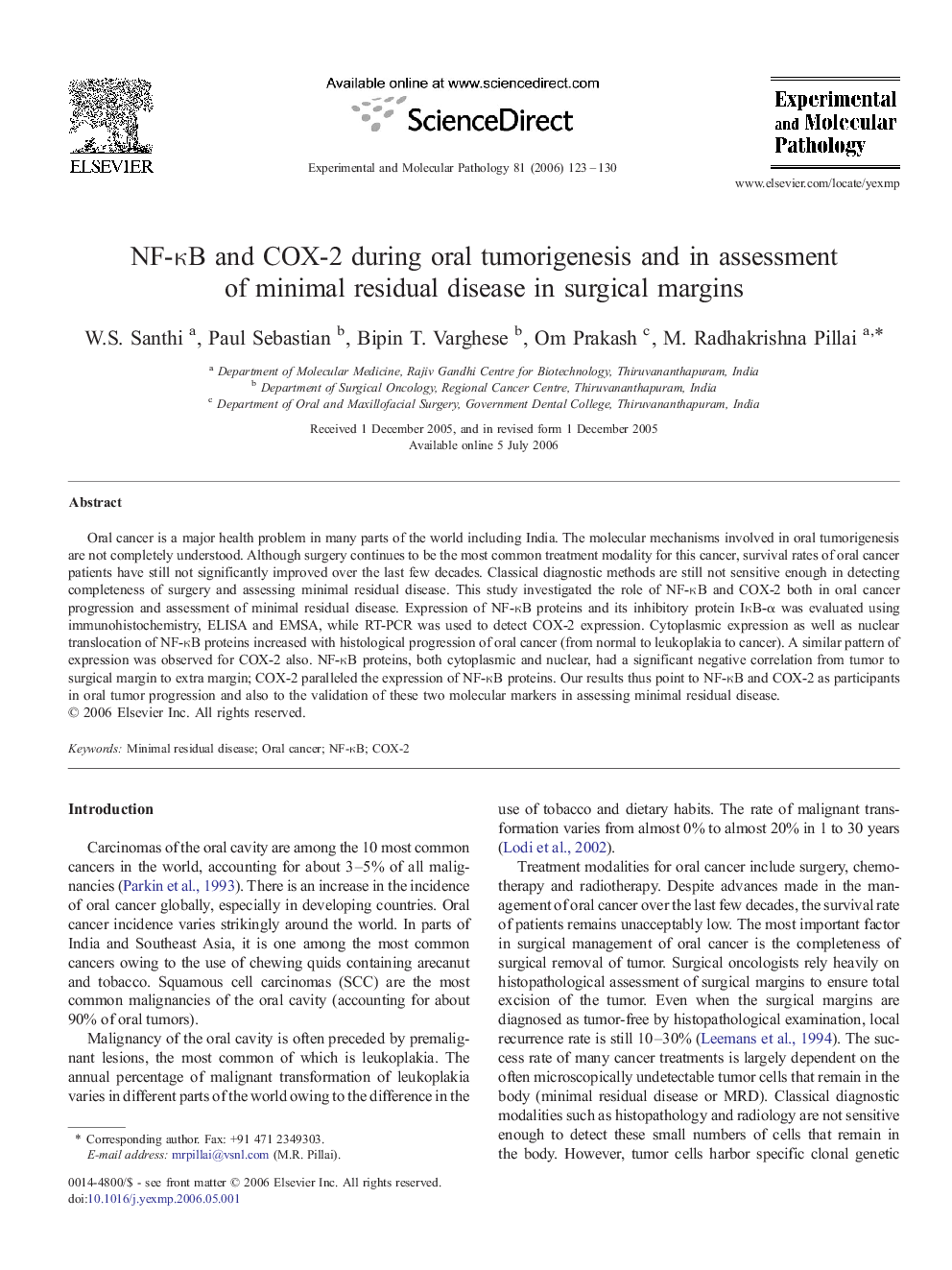 NF-κB and COX-2 during oral tumorigenesis and in assessment of minimal residual disease in surgical margins