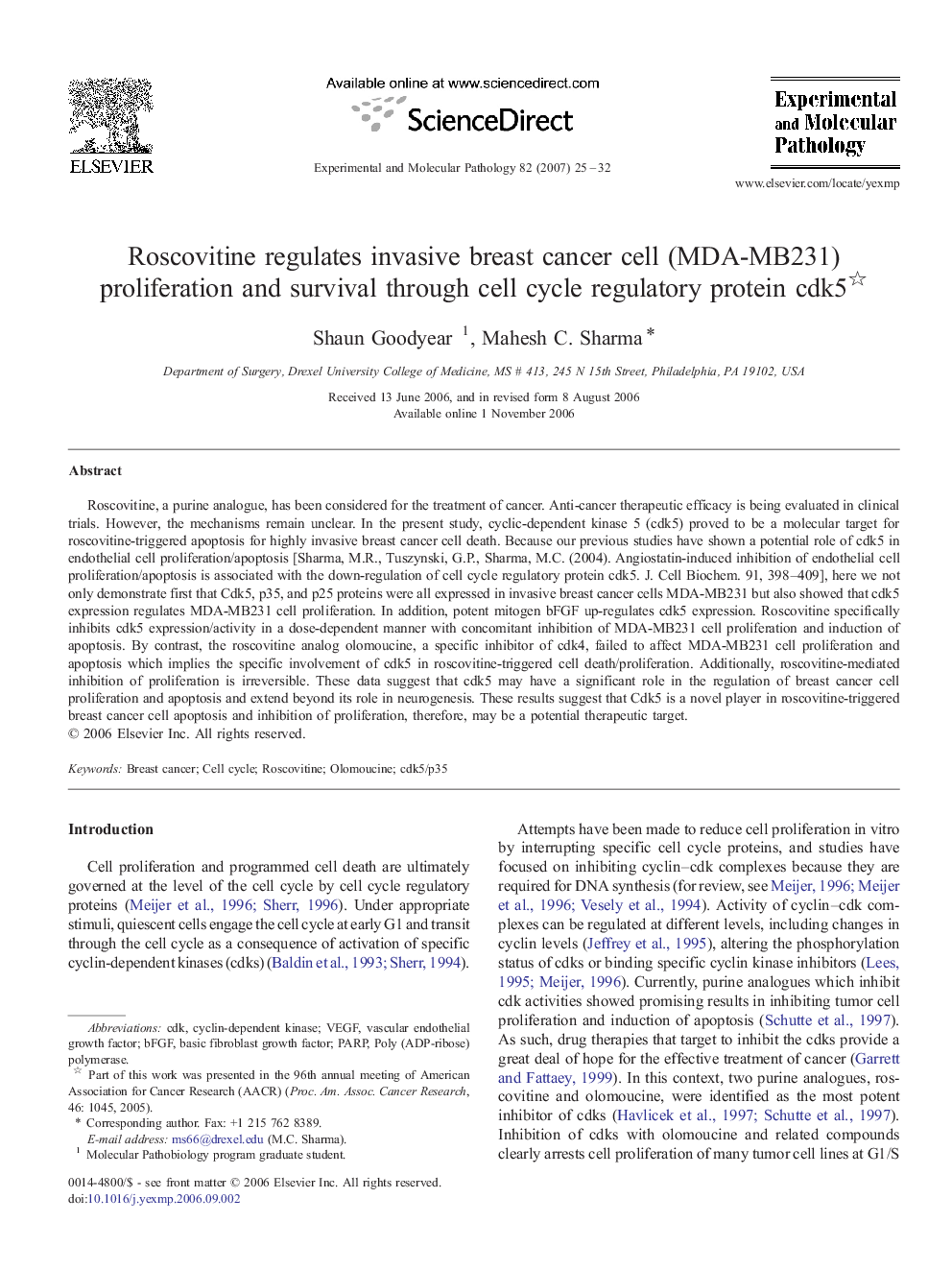 Roscovitine regulates invasive breast cancer cell (MDA-MB231) proliferation and survival through cell cycle regulatory protein cdk5 