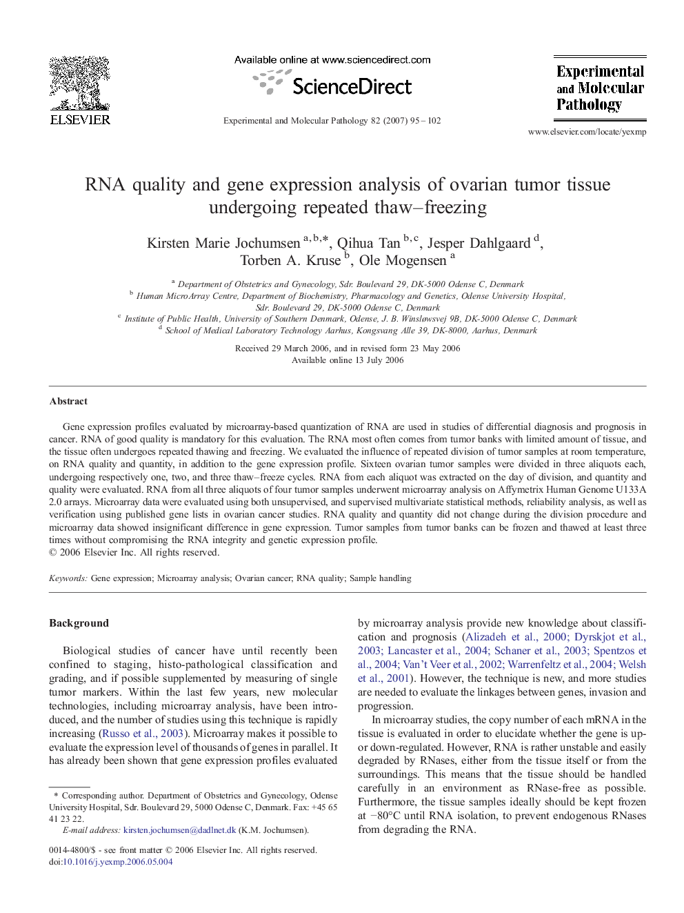 RNA quality and gene expression analysis of ovarian tumor tissue undergoing repeated thaw–freezing