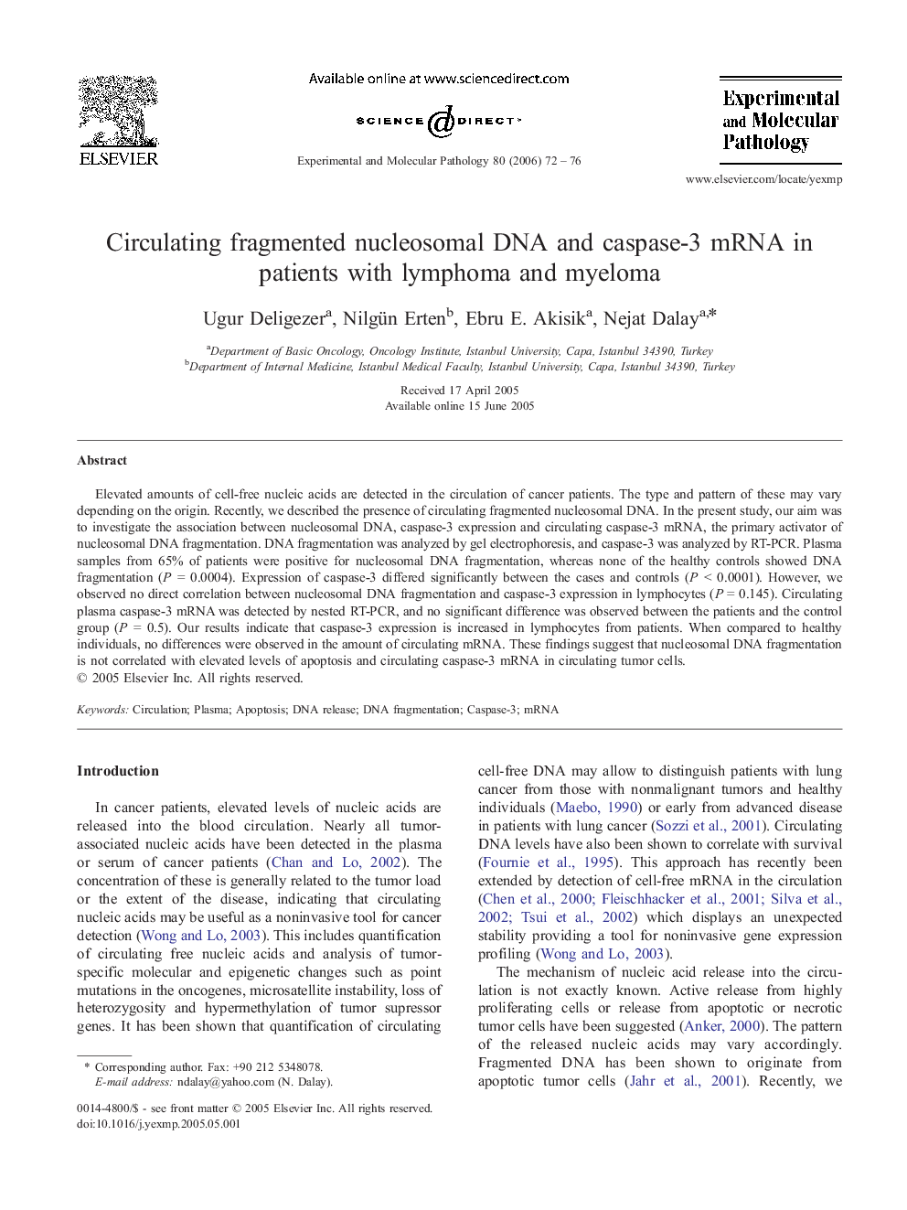 Circulating fragmented nucleosomal DNA and caspase-3 mRNA in patients with lymphoma and myeloma