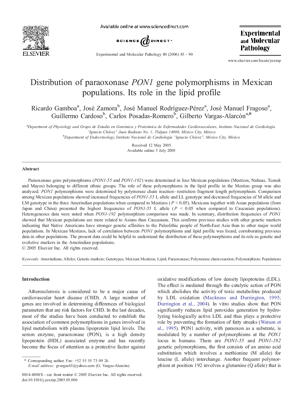 Distribution of paraoxonase PON1 gene polymorphisms in Mexican populations. Its role in the lipid profile