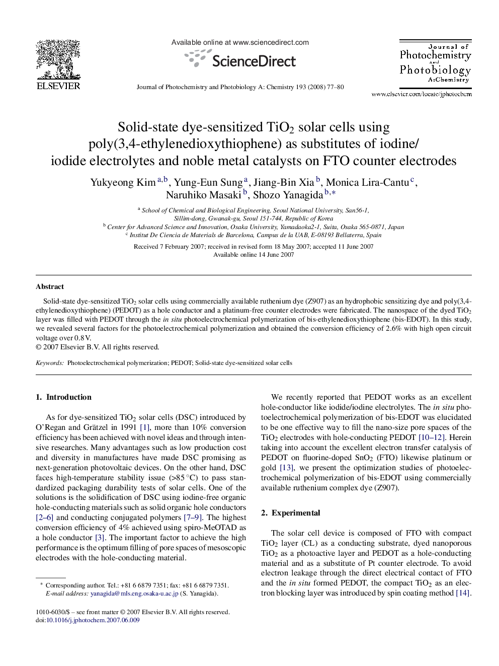 Solid-state dye-sensitized TiO2 solar cells using poly(3,4-ethylenedioxythiophene) as substitutes of iodine/iodide electrolytes and noble metal catalysts on FTO counter electrodes