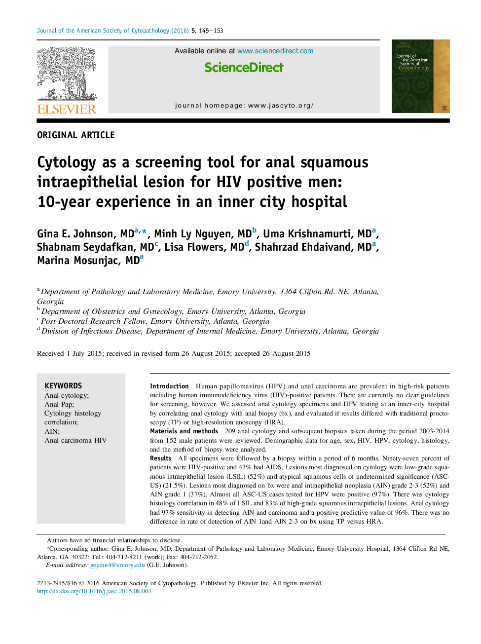 Cytology as a screening tool for anal squamous intraepithelial lesion for HIV positive men: 10-year experience in an inner city hospital 