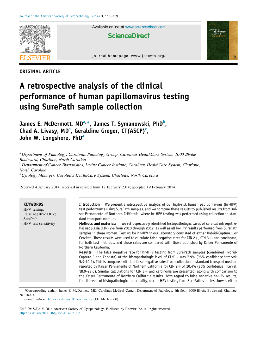 A retrospective analysis of the clinical performance of human papillomavirus testing using SurePath sample collection