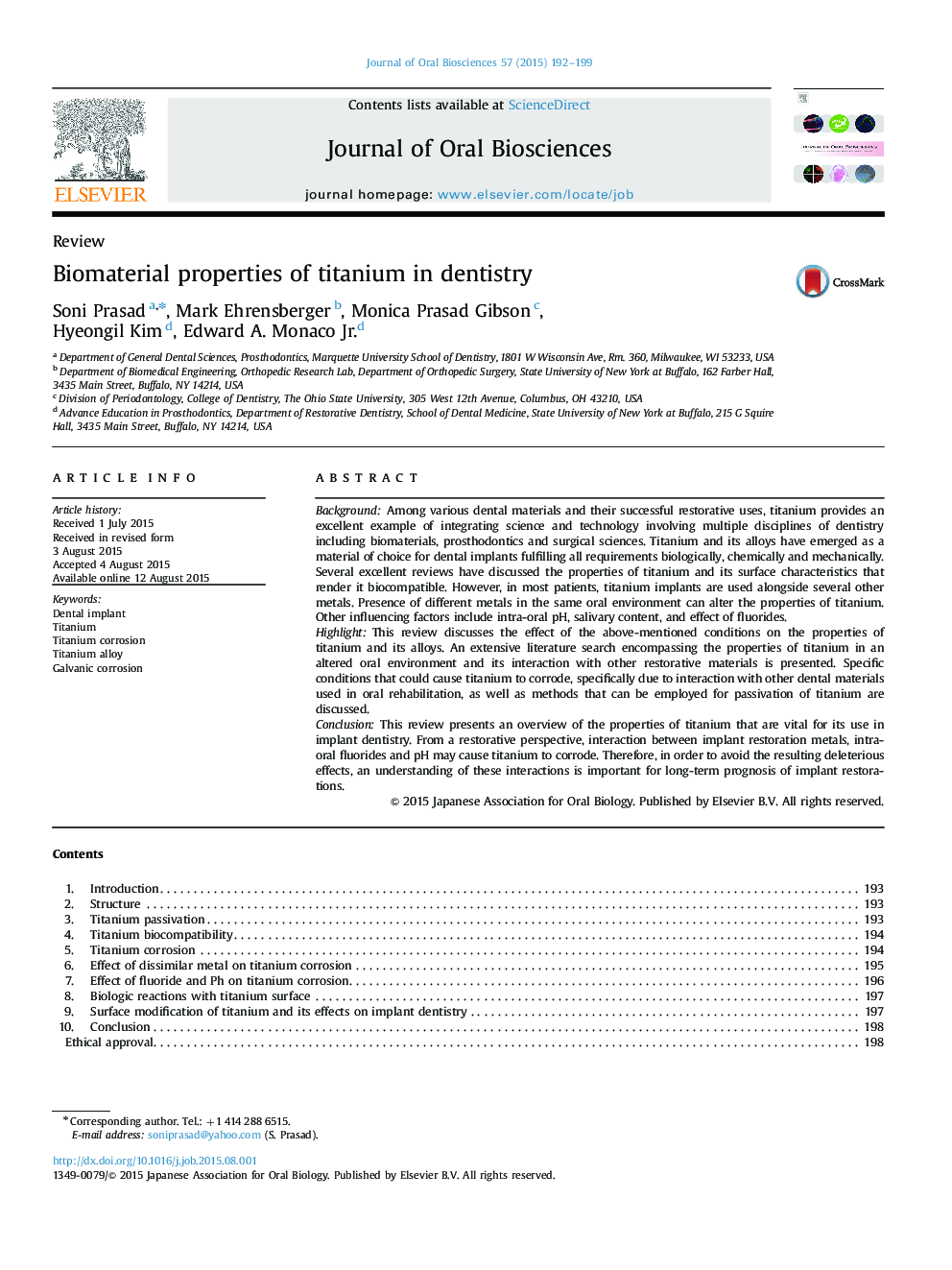Biomaterial properties of titanium in dentistry