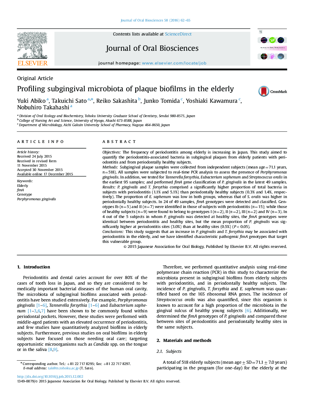 Profiling subgingival microbiota of plaque biofilms in the elderly