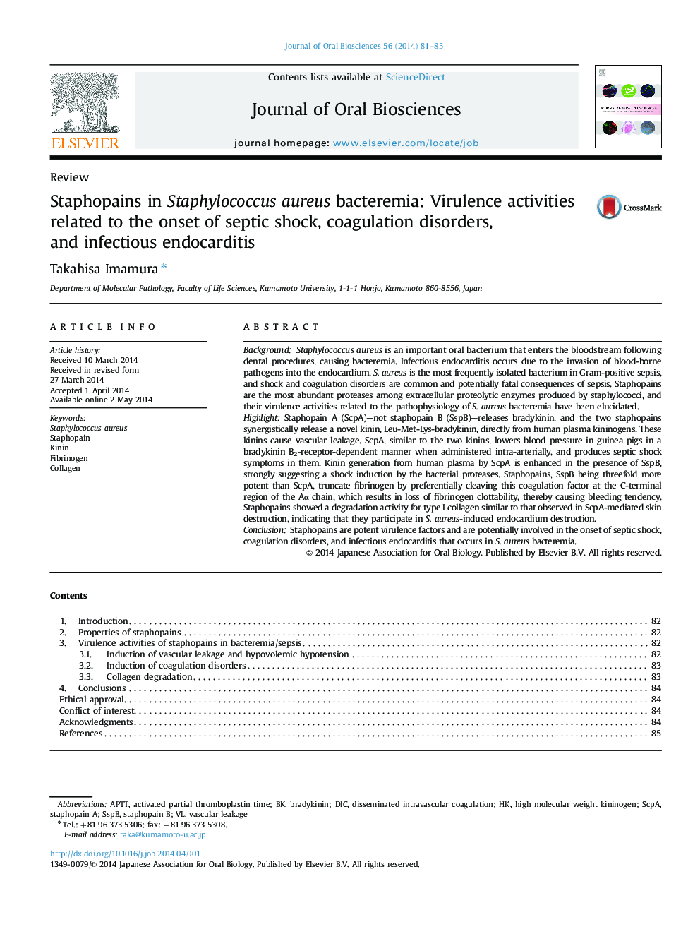 Staphopains in Staphylococcus aureus bacteremia: Virulence activities related to the onset of septic shock, coagulation disorders, and infectious endocarditis
