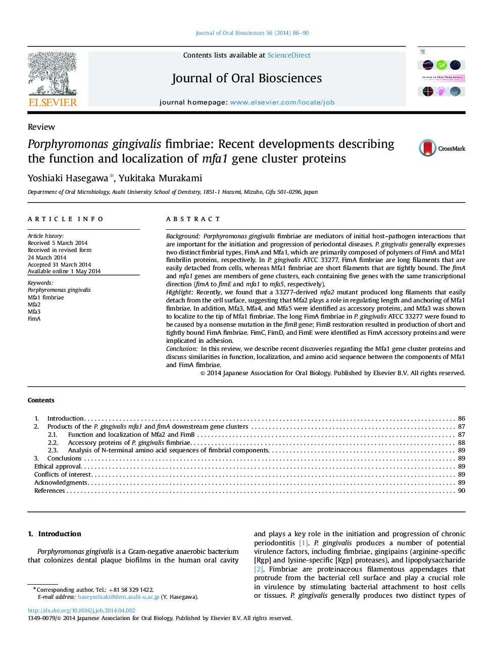 Porphyromonas gingivalis fimbriae: Recent developments describing the function and localization of mfa1 gene cluster proteins