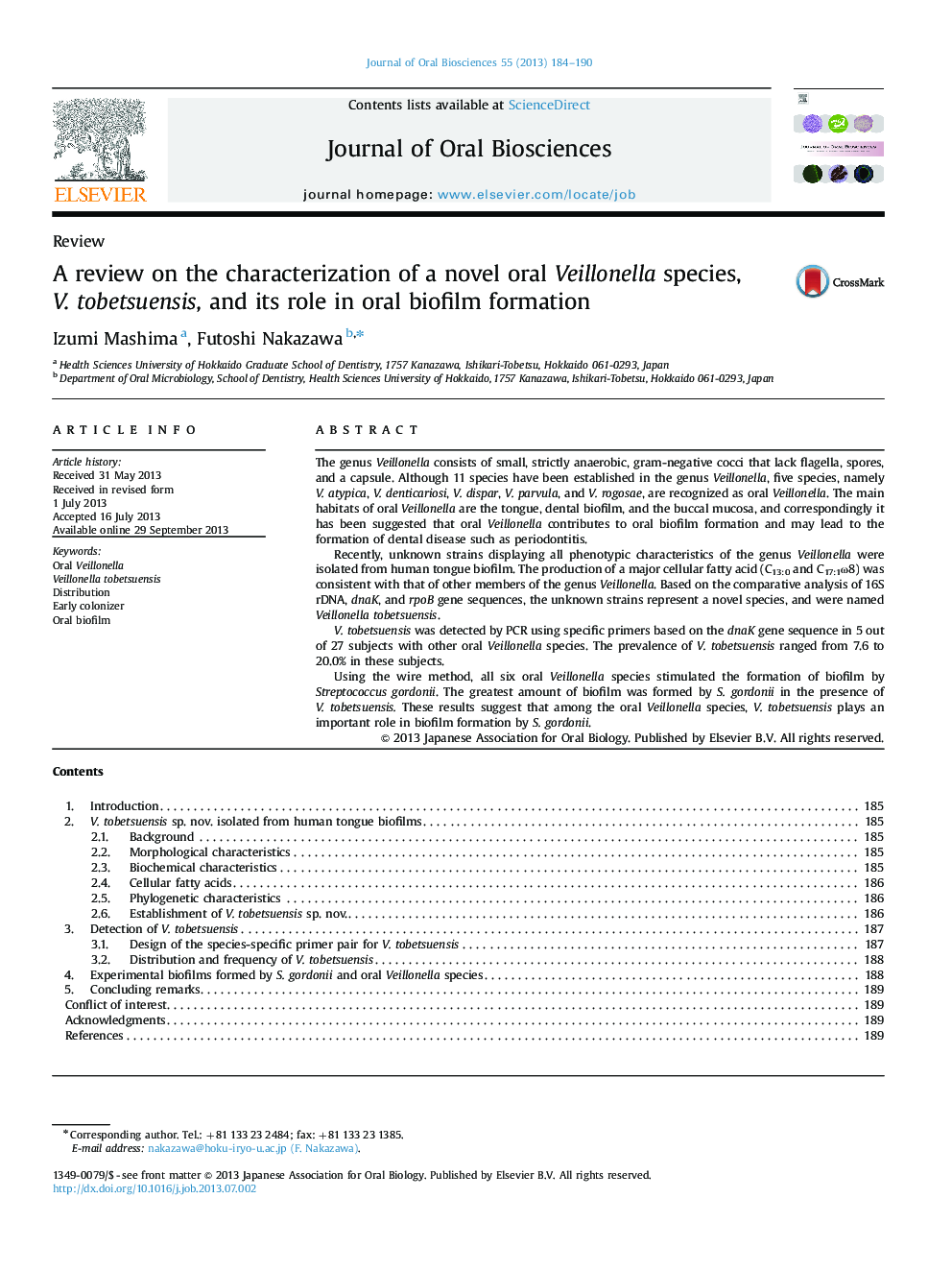 A review on the characterization of a novel oral Veillonella species, V. tobetsuensis, and its role in oral biofilm formation