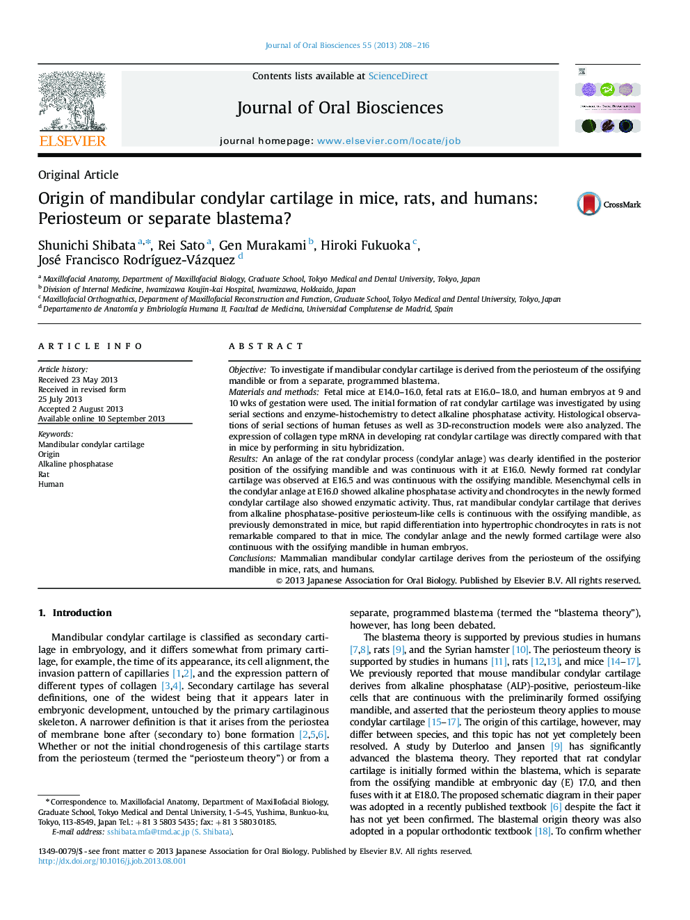 Origin of mandibular condylar cartilage in mice, rats, and humans: Periosteum or separate blastema?