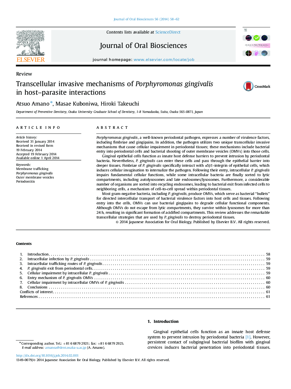 Transcellular invasive mechanisms of Porphyromonas gingivalis in host–parasite interactions