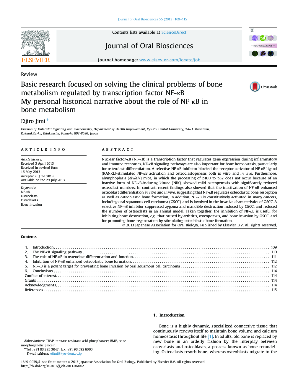 Basic research focused on solving the clinical problems of bone metabolism regulated by transcription factor NF-ÎºB