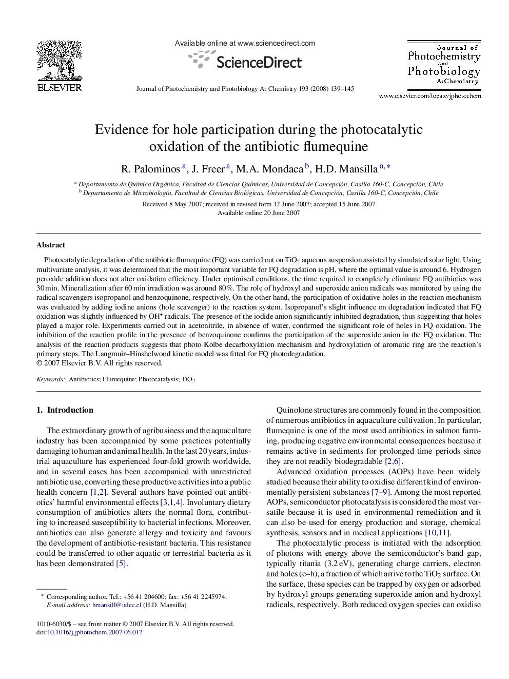 Evidence for hole participation during the photocatalytic oxidation of the antibiotic flumequine