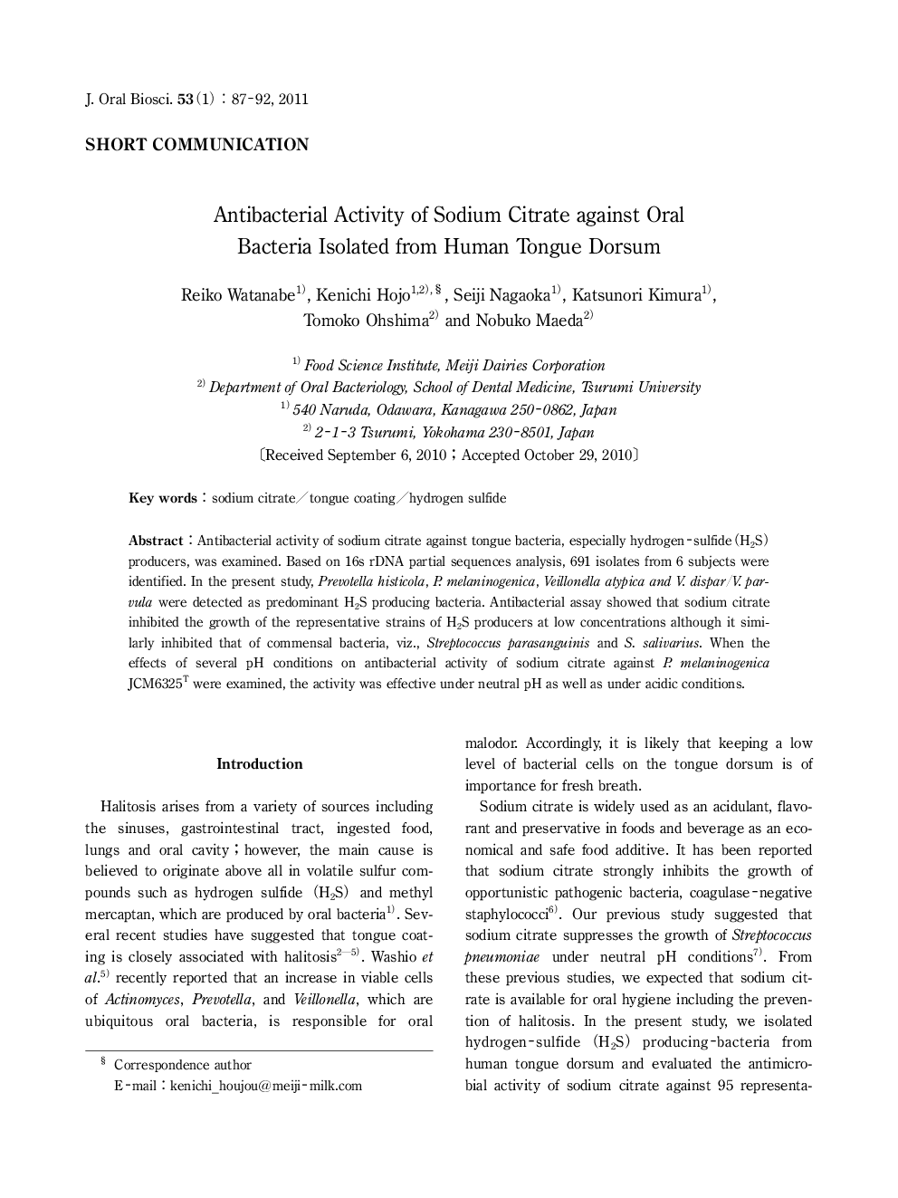 Antibacterial Activity of Sodium Citrate against Oral Bacteria Isolated from Human Tongue Dorsum