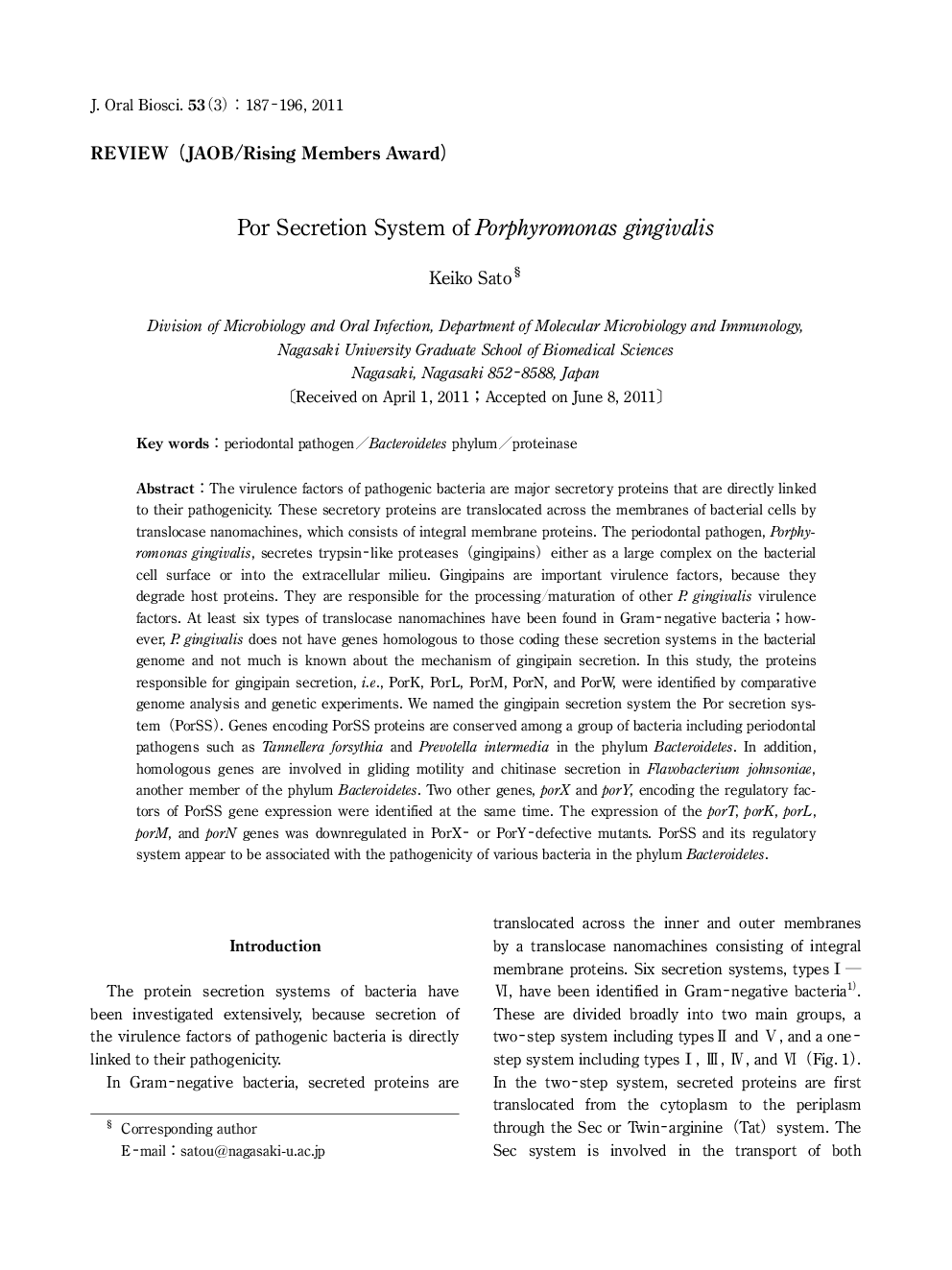 Por Secretion System of Porphyromonas gingivalis