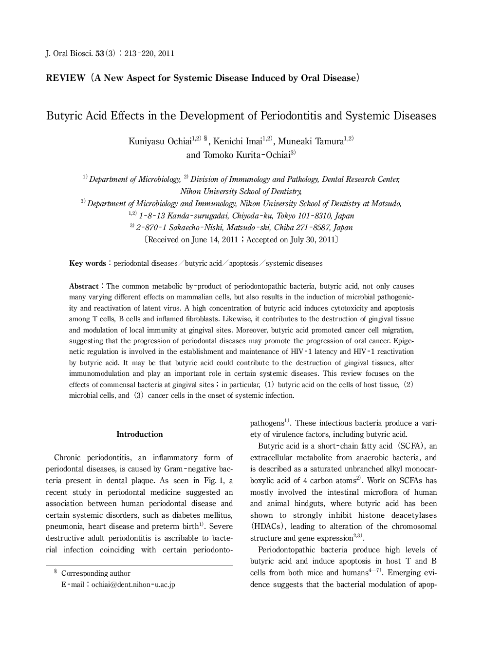 Butyric Acid Effects in the Development of Periodontitis and Systemic Diseases