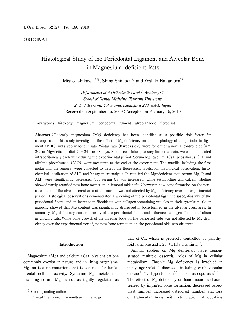 Histological Study of the Periodontal Ligament and Alveolar Bone in Magnesium-deficient Rats