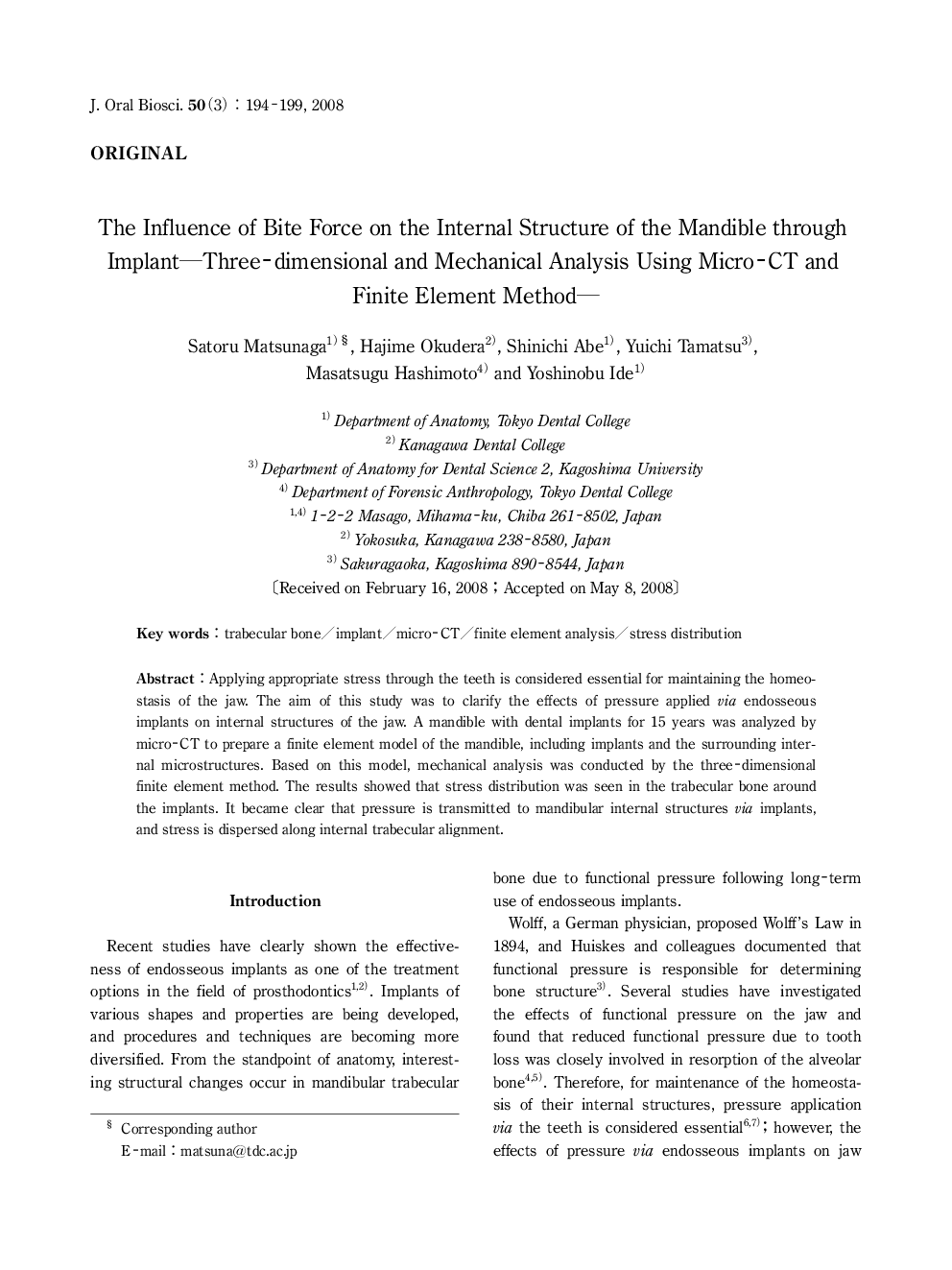 The Influence of Bite Force on the Internal Structure of the Mandible through Implant—Three-dimensional and Mechanical Analysis Using Micro-CT and Finite Element Method—
