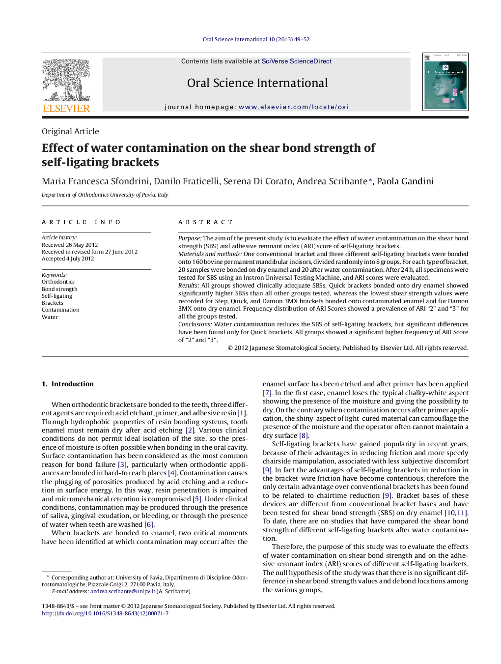 Effect of water contamination on the shear bond strength of self-ligating brackets