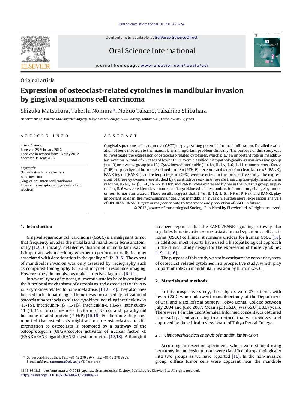 Expression of osteoclast-related cytokines in mandibular invasion by gingival squamous cell carcinoma