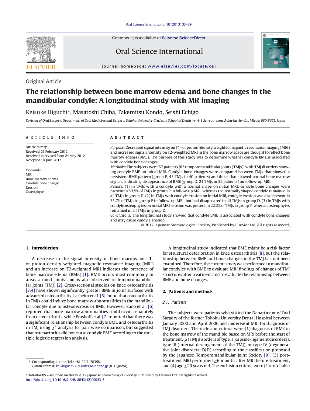 The relationship between bone marrow edema and bone changes in the mandibular condyle: A longitudinal study with MR imaging