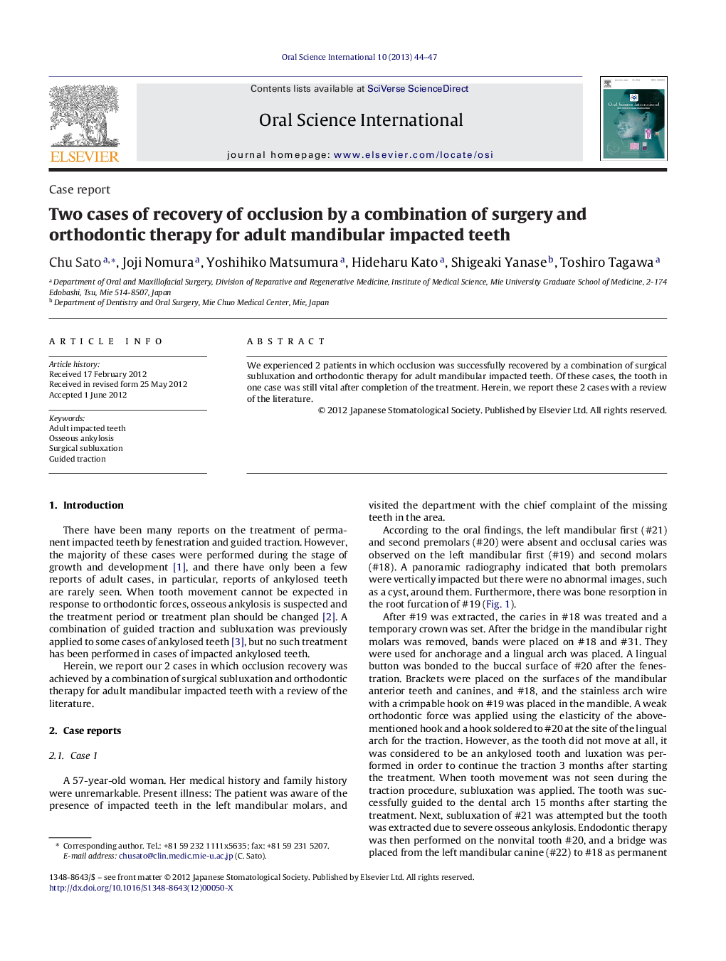 Two cases of recovery of occlusion by a combination of surgery and orthodontic therapy for adult mandibular impacted teeth