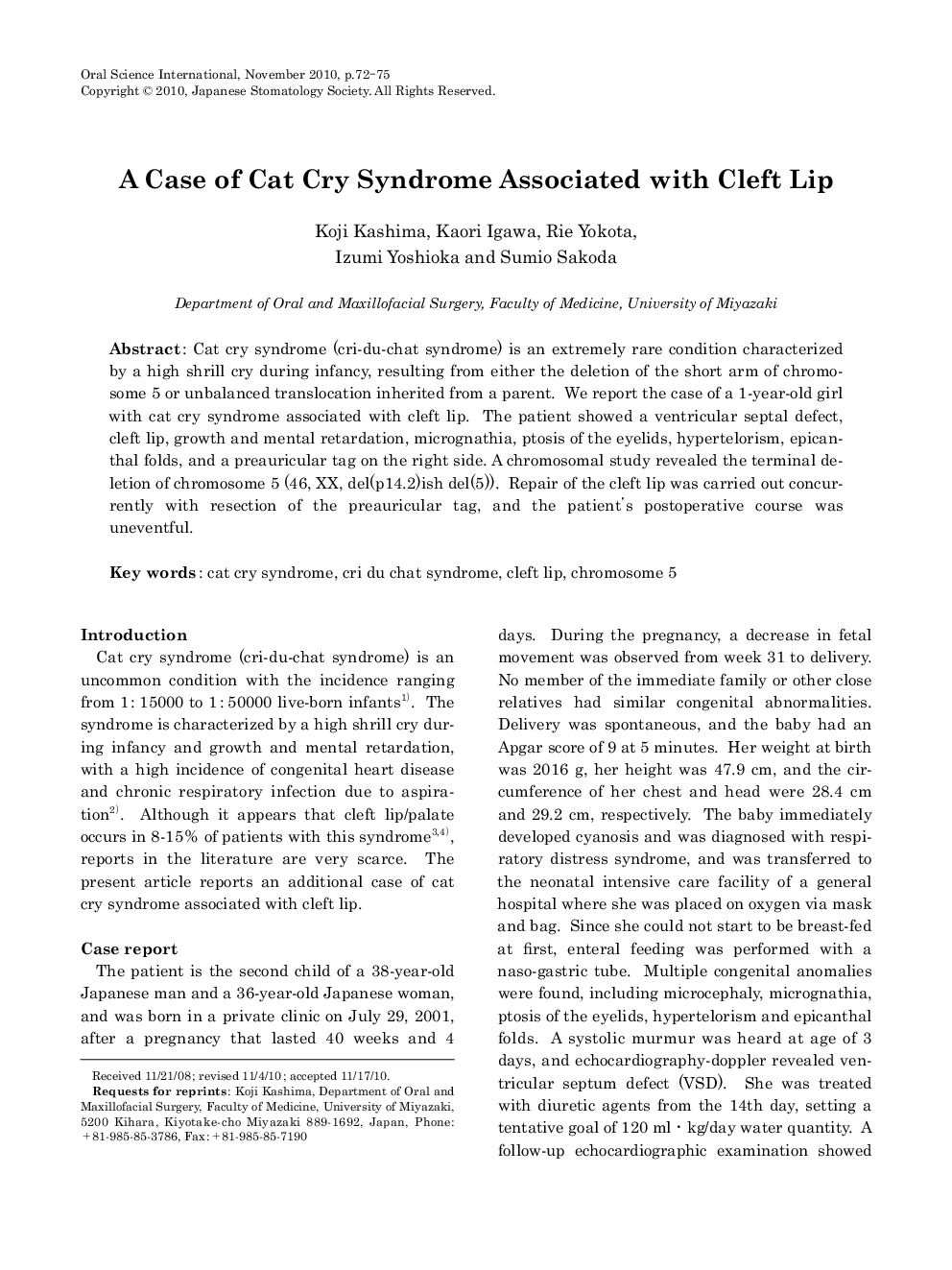 A Case of Cat Cry Syndrome Associated with Cleft Lip