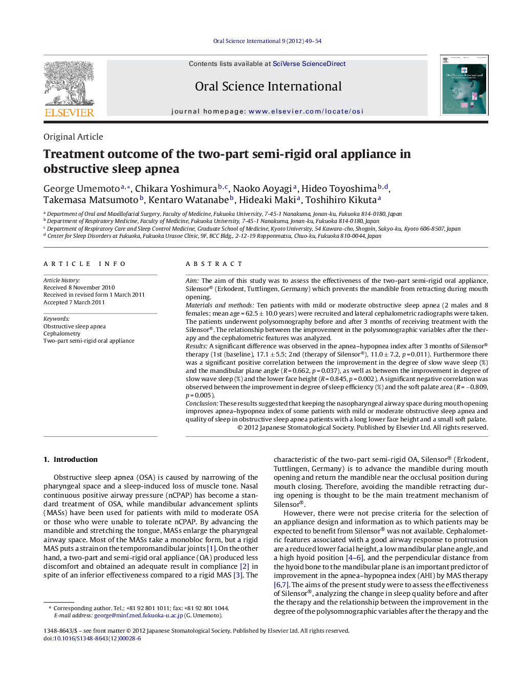 Treatment outcome of the two-part semi-rigid oral appliance in obstructive sleep apnea