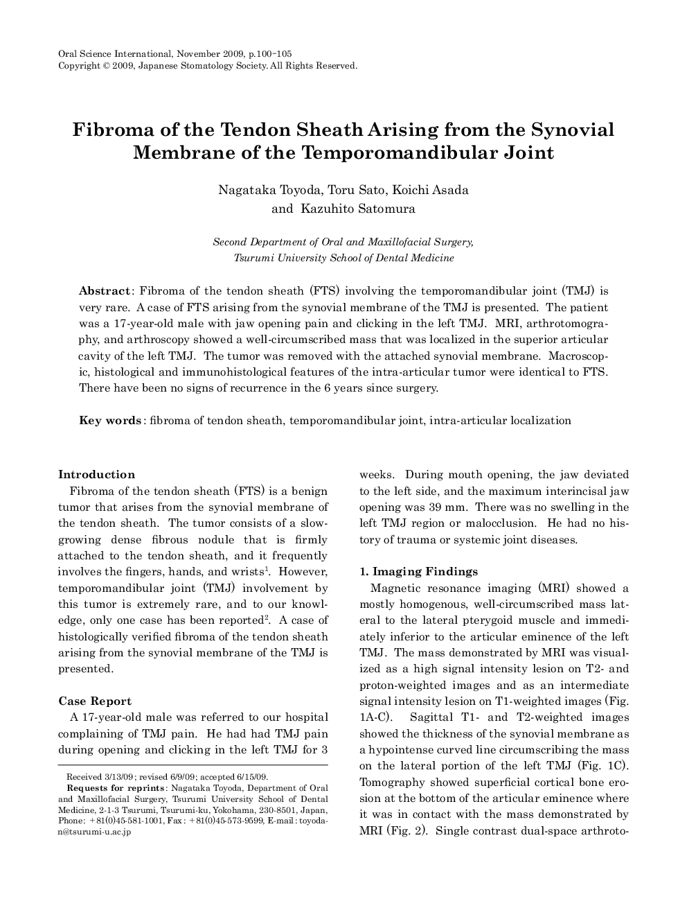 Fibroma of the Tendon Sheath Arising from the Synovial Membrane of the Temporomandibular Joint