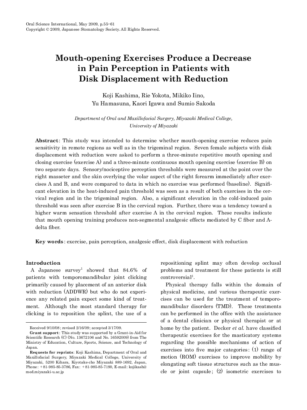 Mouth-opening Exercises Produce a Decrease in Pain Perception in Patients with Disk Displacement with Reduction 