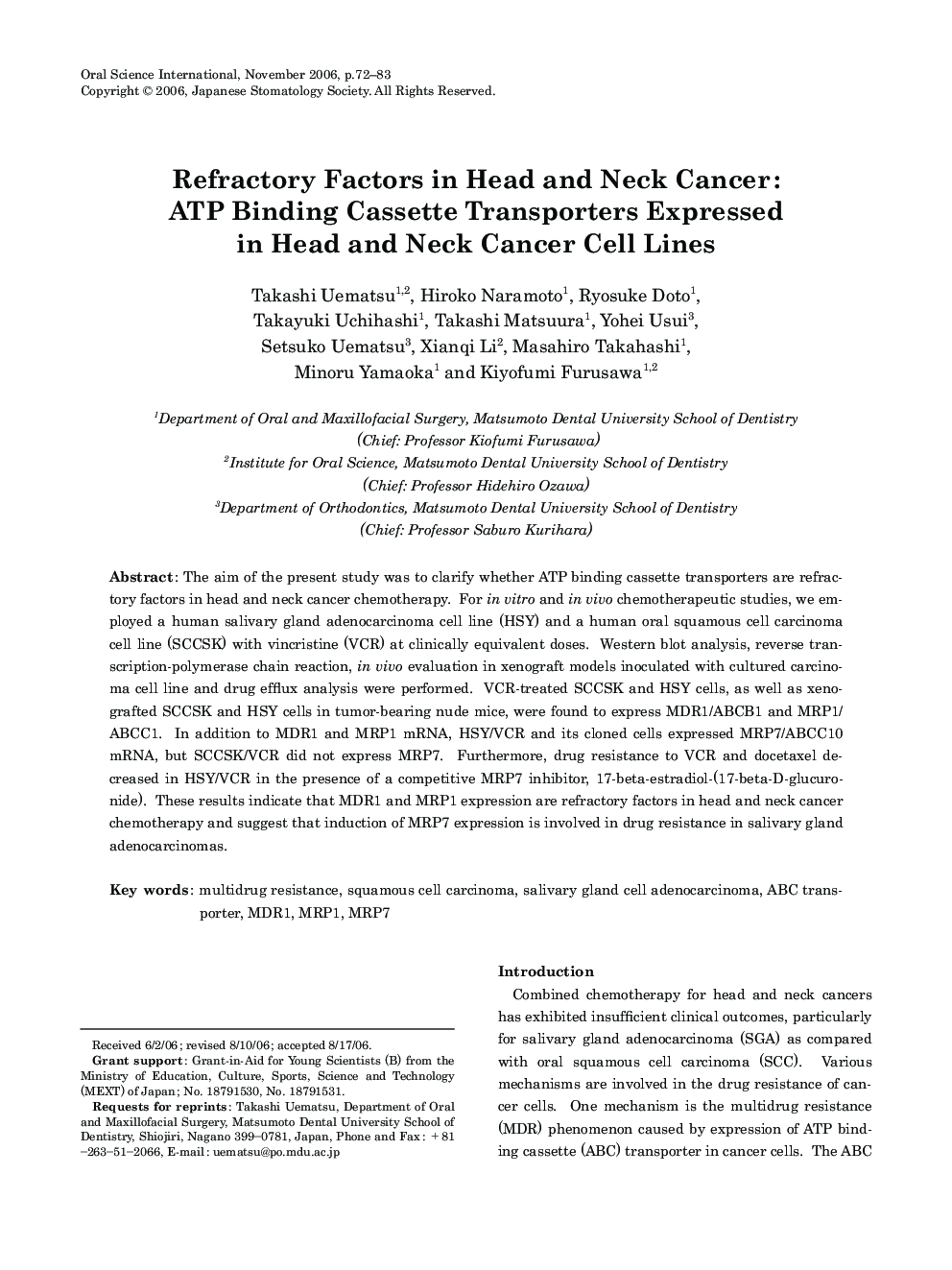 Refractory Factors in Head and Neck Cancer: ATP Binding Cassette Transporters Expressed in Head and Neck Cancer Cell Lines 