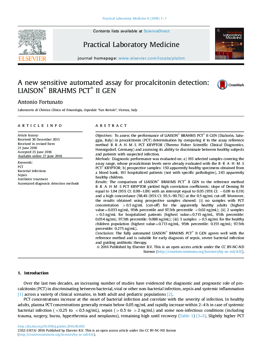 A new sensitive automated assay for procalcitonin detection: LIAISON® BRAHMS PCT® II GEN