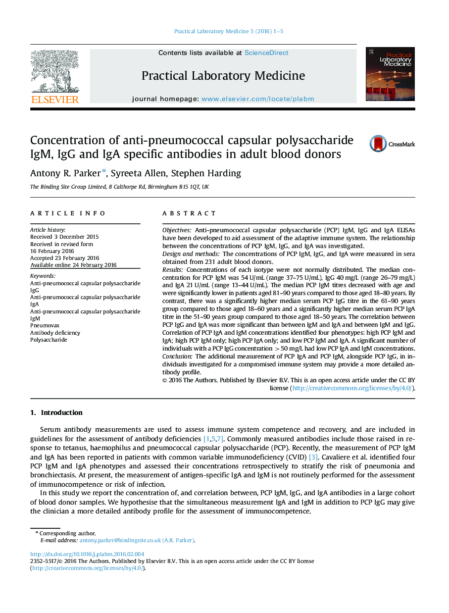 Concentration of anti-pneumococcal capsular polysaccharide IgM, IgG and IgA specific antibodies in adult blood donors