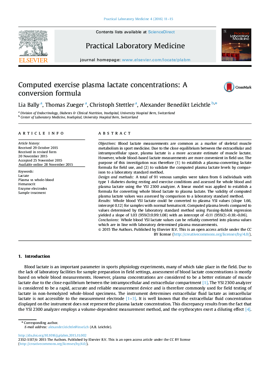 Computed exercise plasma lactate concentrations: A conversion formula