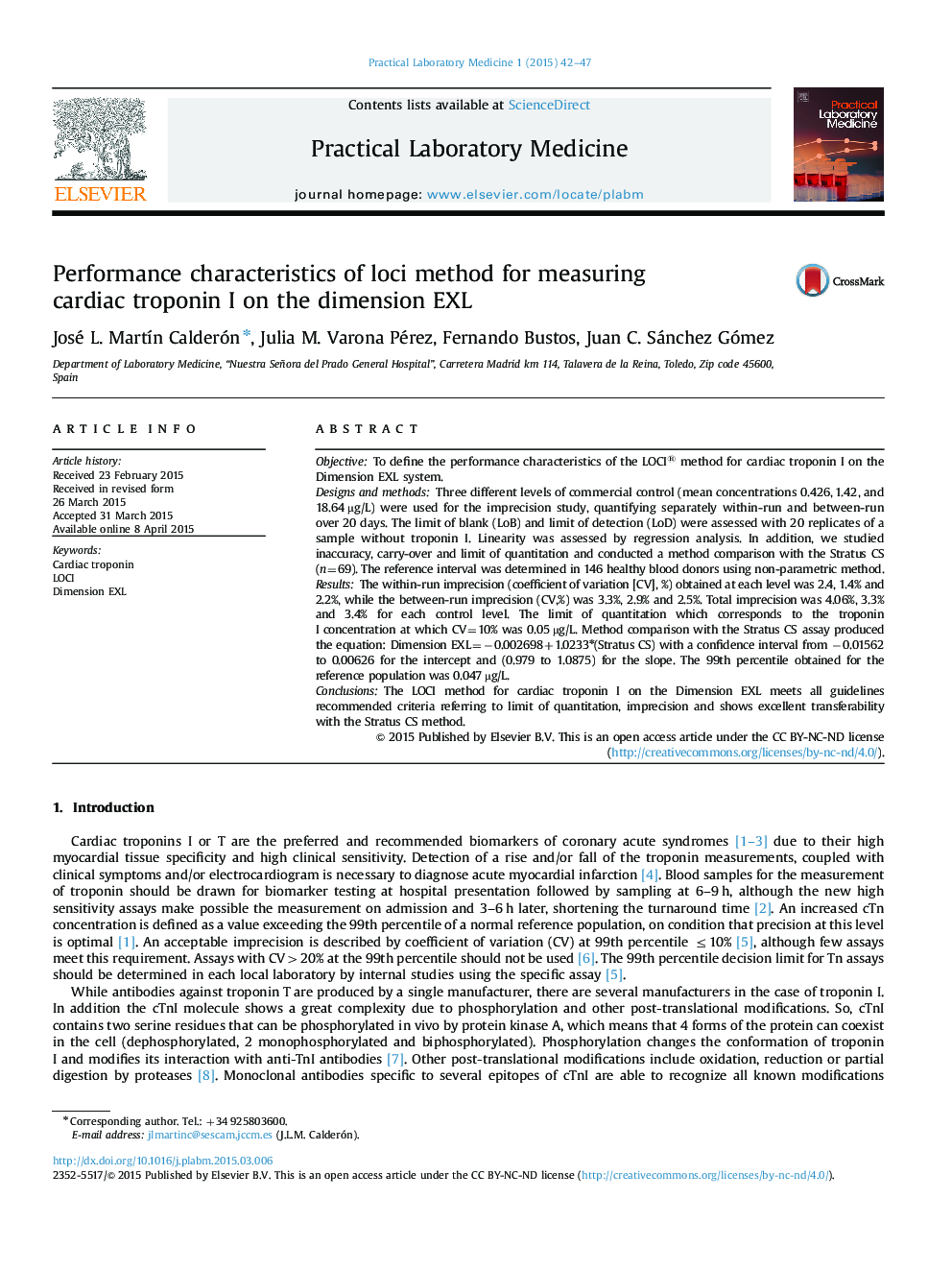 Performance characteristics of loci method for measuring cardiac troponin I on the dimension EXL