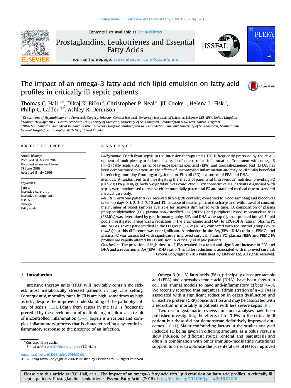 The impact of an omega-3 fatty acid rich lipid emulsion on fatty acid profiles in critically ill septic patients