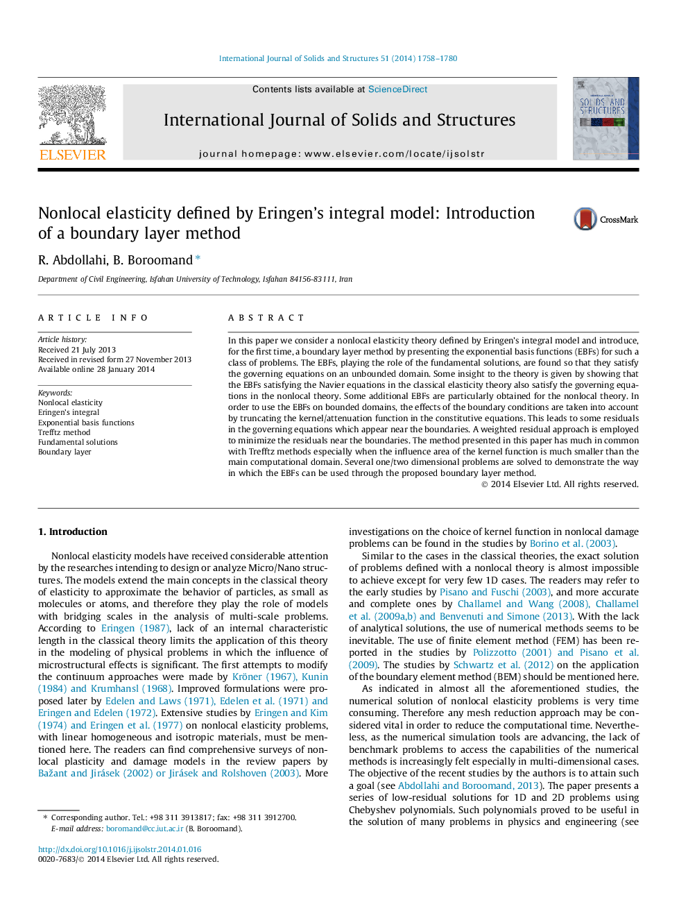 Nonlocal elasticity defined by Eringen’s integral model: Introduction of a boundary layer method