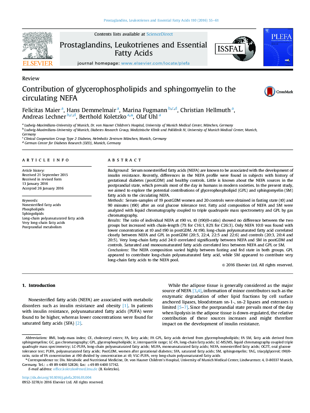 Contribution of glycerophospholipids and sphingomyelin to the circulating NEFA