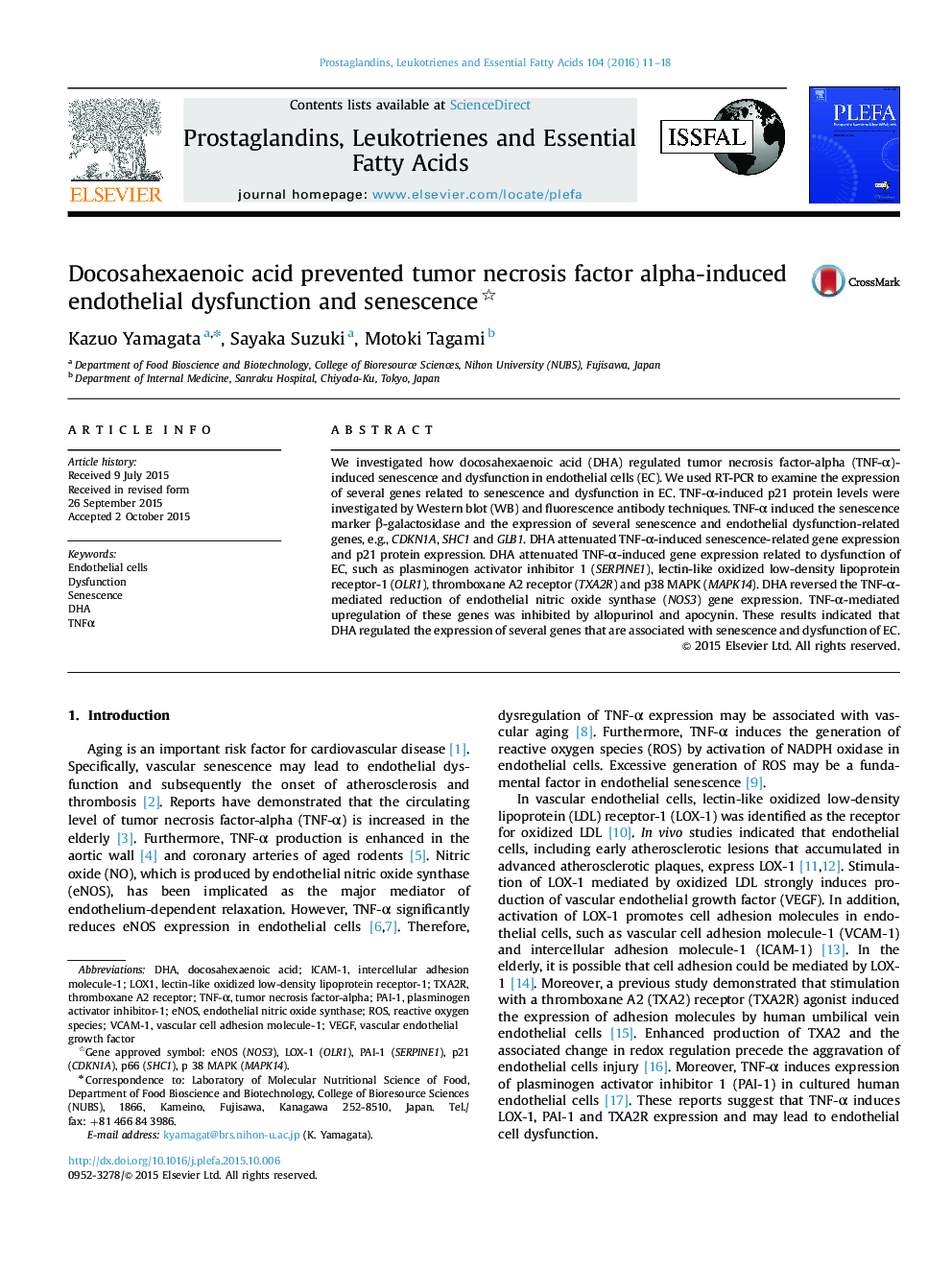 Docosahexaenoic acid prevented tumor necrosis factor alpha-induced endothelial dysfunction and senescence 