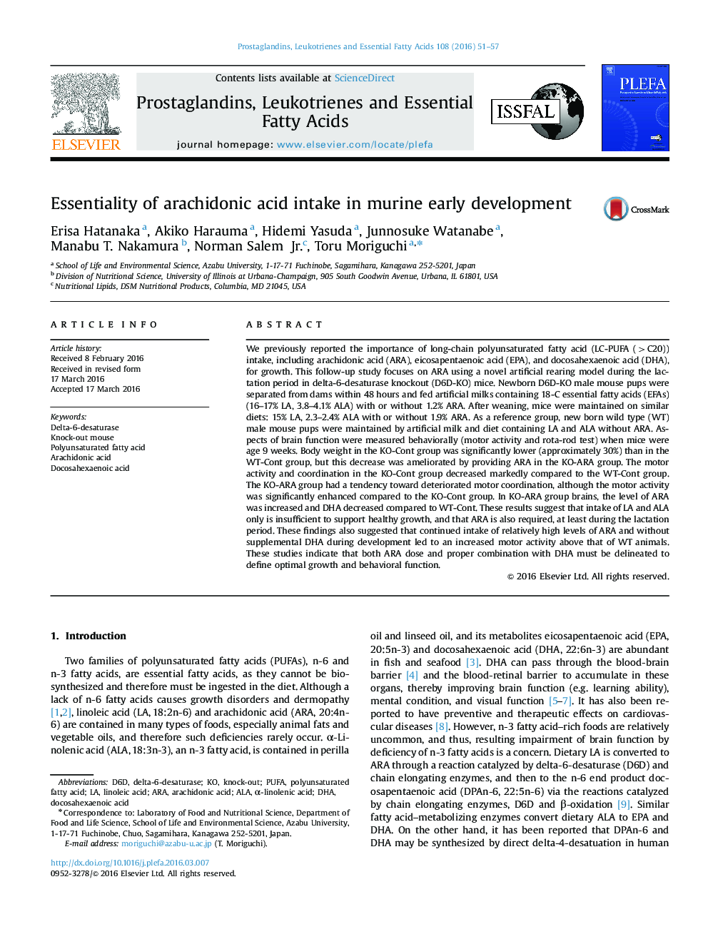 Essentiality of arachidonic acid intake in murine early development