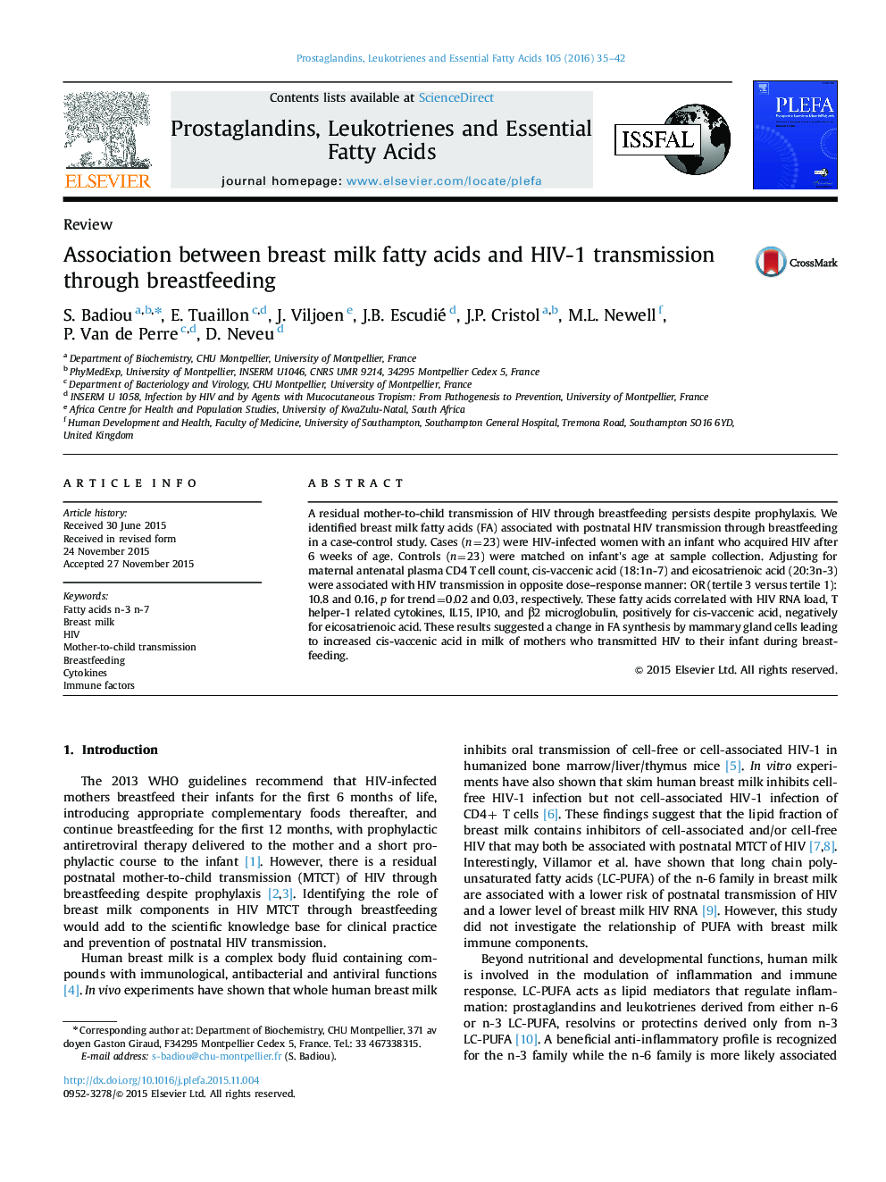 Association between breast milk fatty acids and HIV-1 transmission through breastfeeding