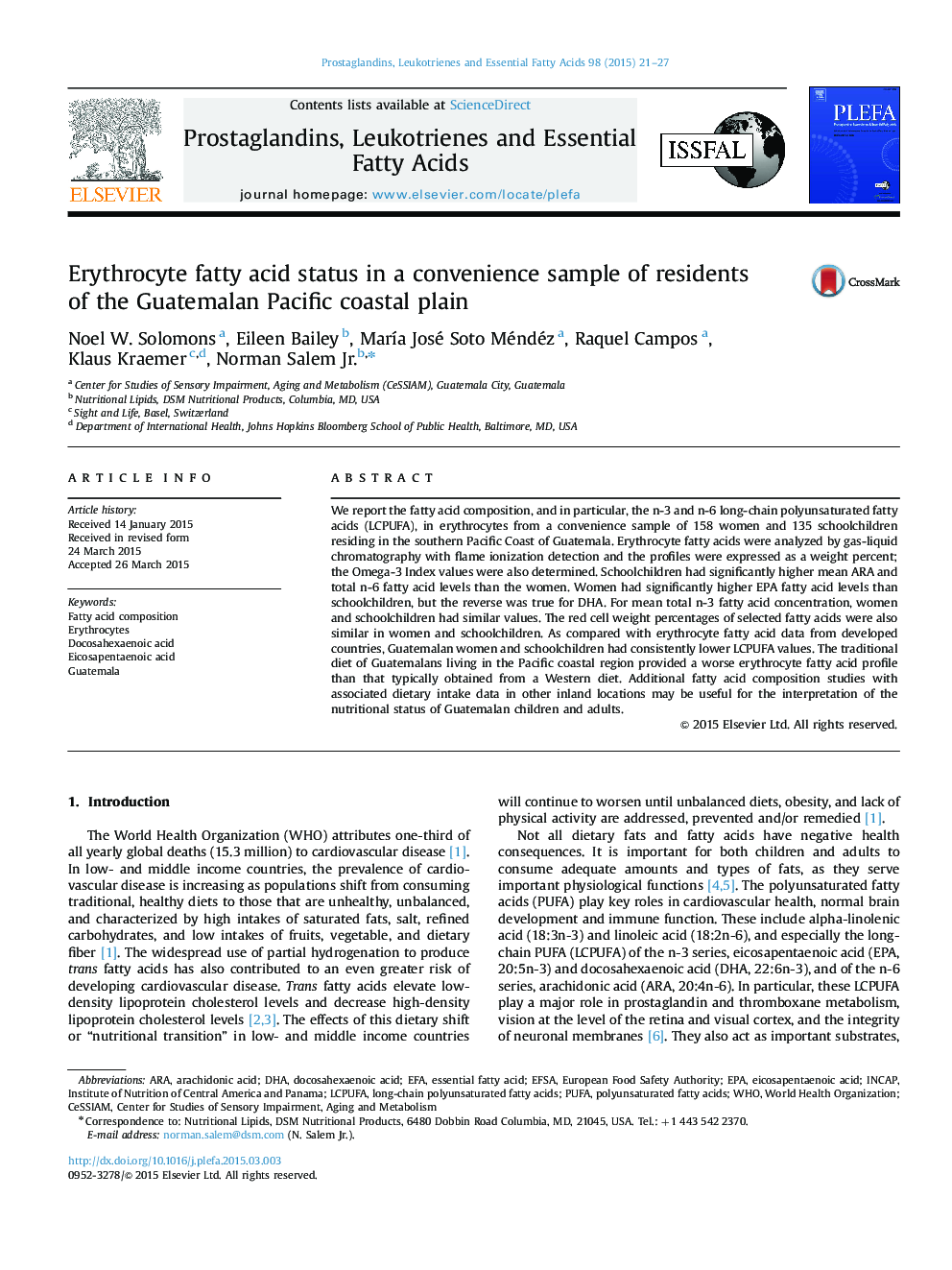 Erythrocyte fatty acid status in a convenience sample of residents of the Guatemalan Pacific coastal plain