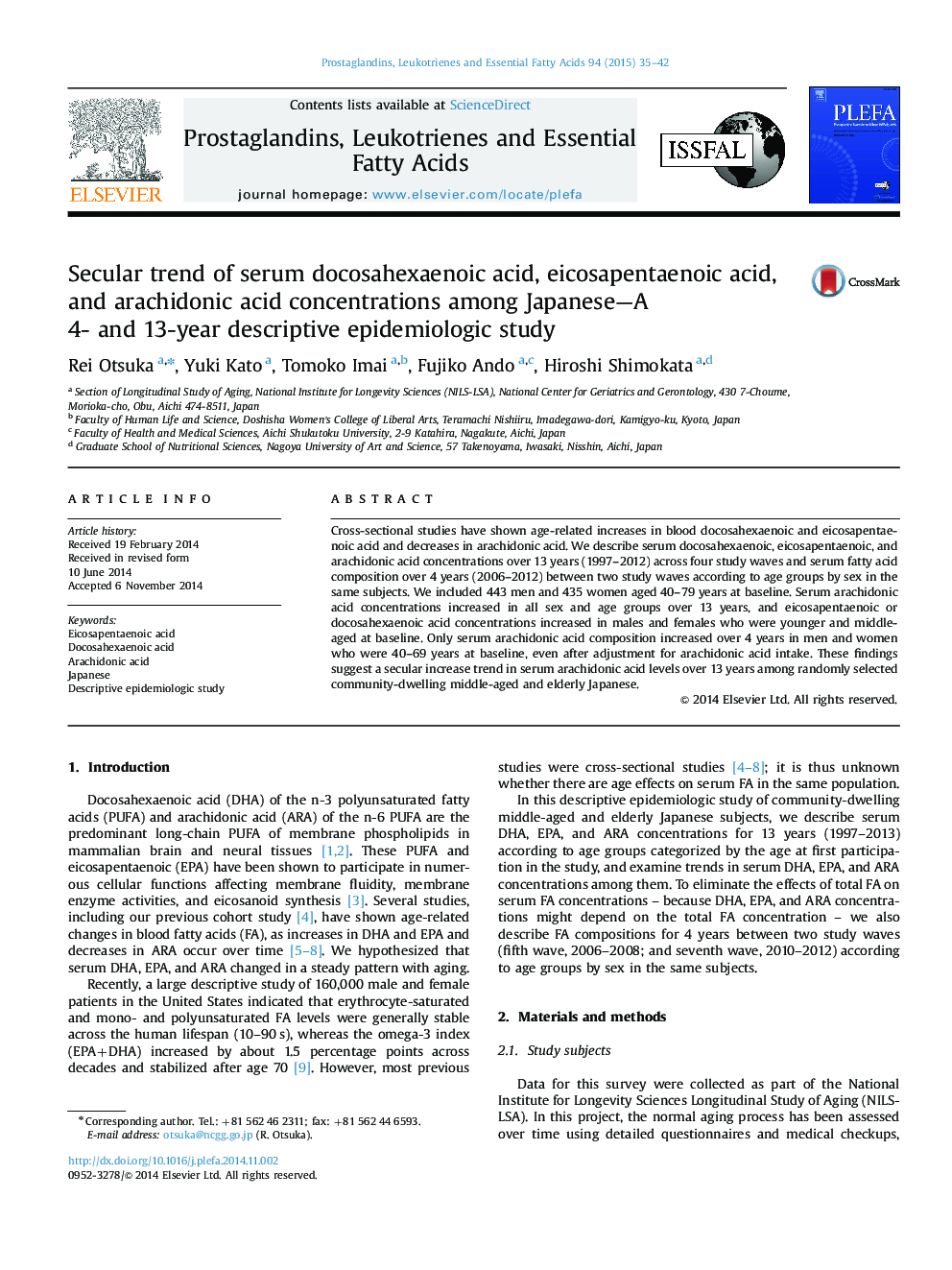 Secular trend of serum docosahexaenoic acid, eicosapentaenoic acid, and arachidonic acid concentrations among Japanese-A 4- and 13-year descriptive epidemiologic study