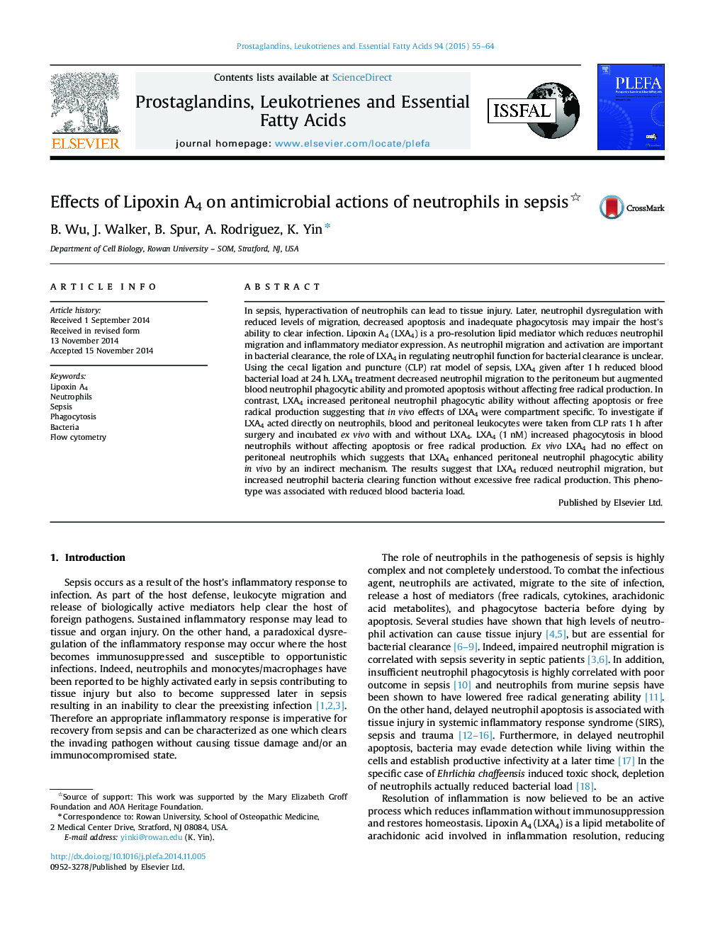 Effects of Lipoxin A4 on antimicrobial actions of neutrophils in sepsis 