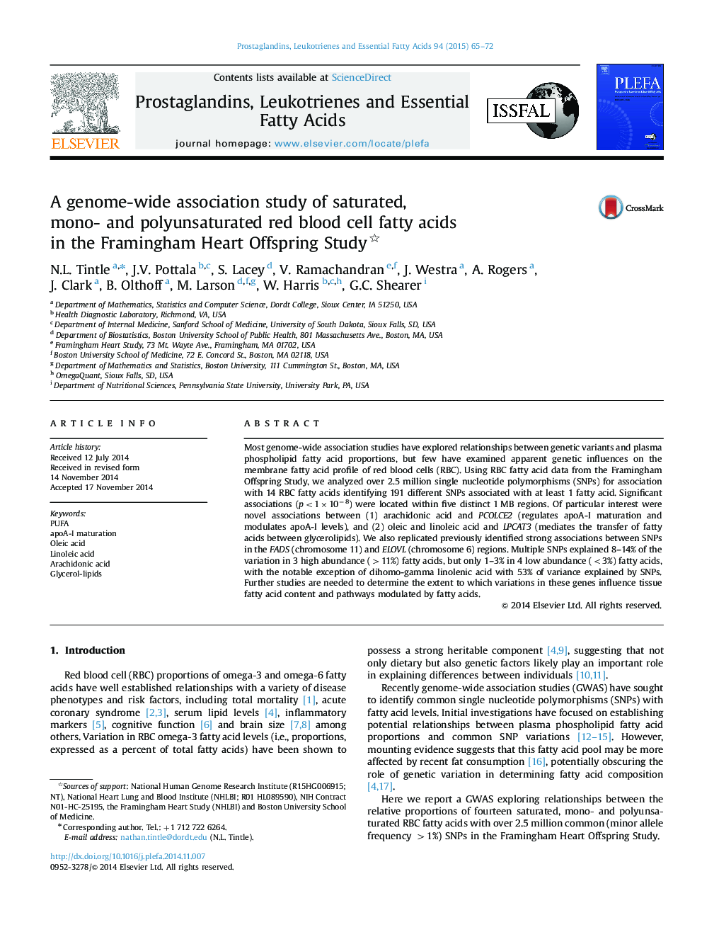 A genome-wide association study of saturated, mono- and polyunsaturated red blood cell fatty acids in the Framingham Heart Offspring Study 