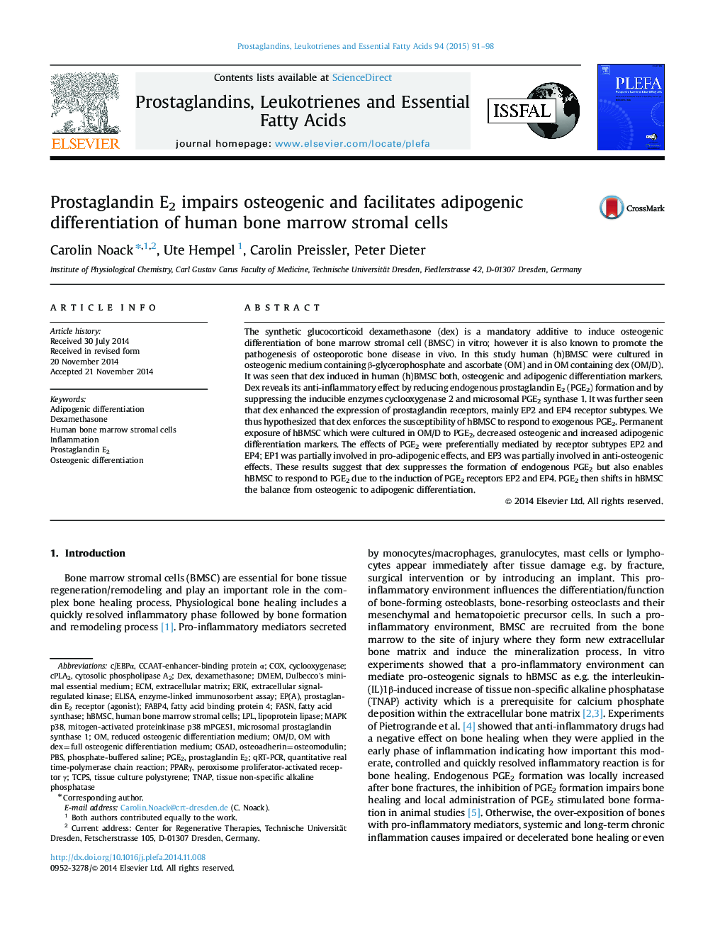 Prostaglandin E2 impairs osteogenic and facilitates adipogenic differentiation of human bone marrow stromal cells