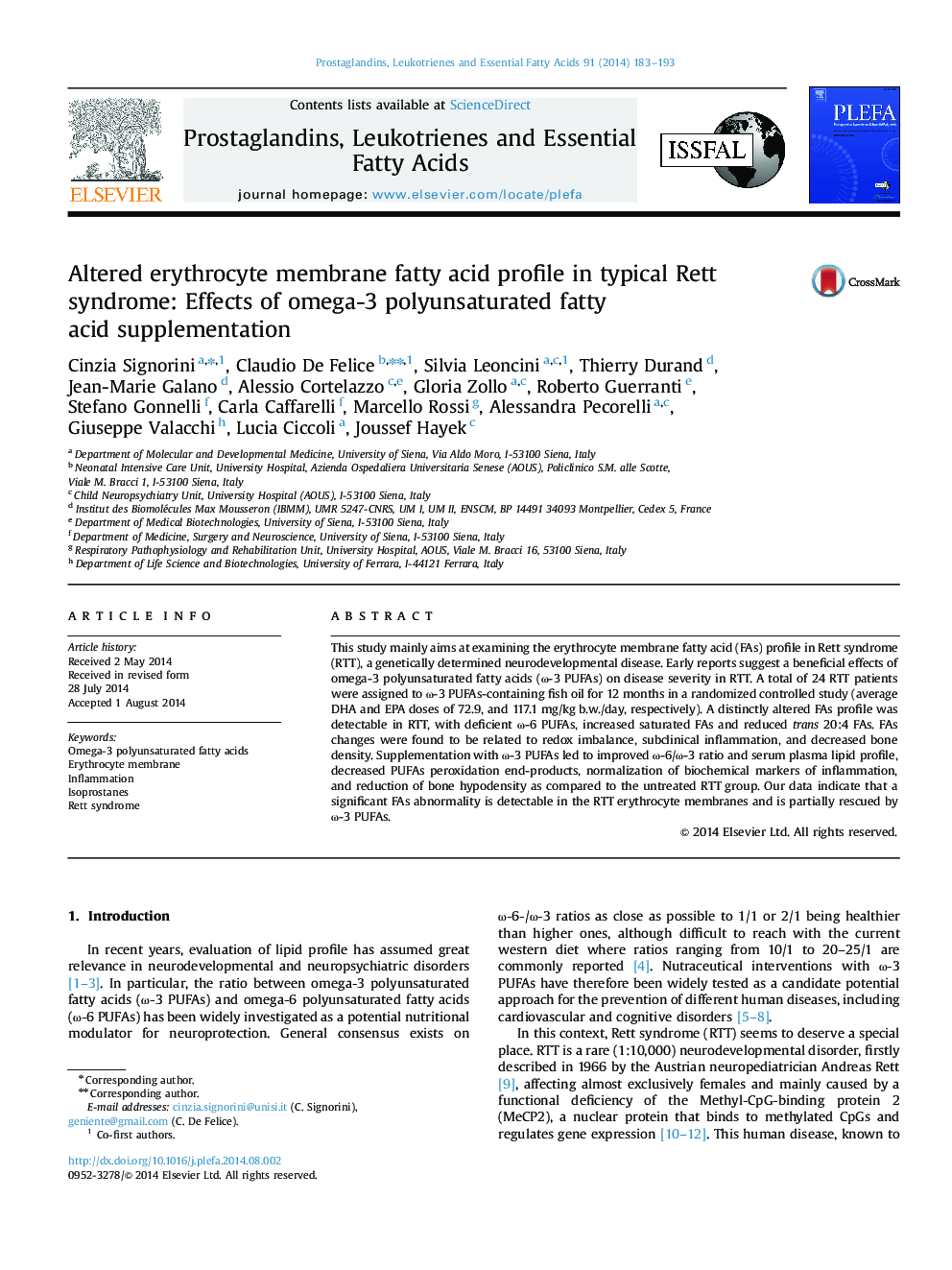 Altered erythrocyte membrane fatty acid profile in typical Rett syndrome: Effects of omega-3 polyunsaturated fatty acid supplementation