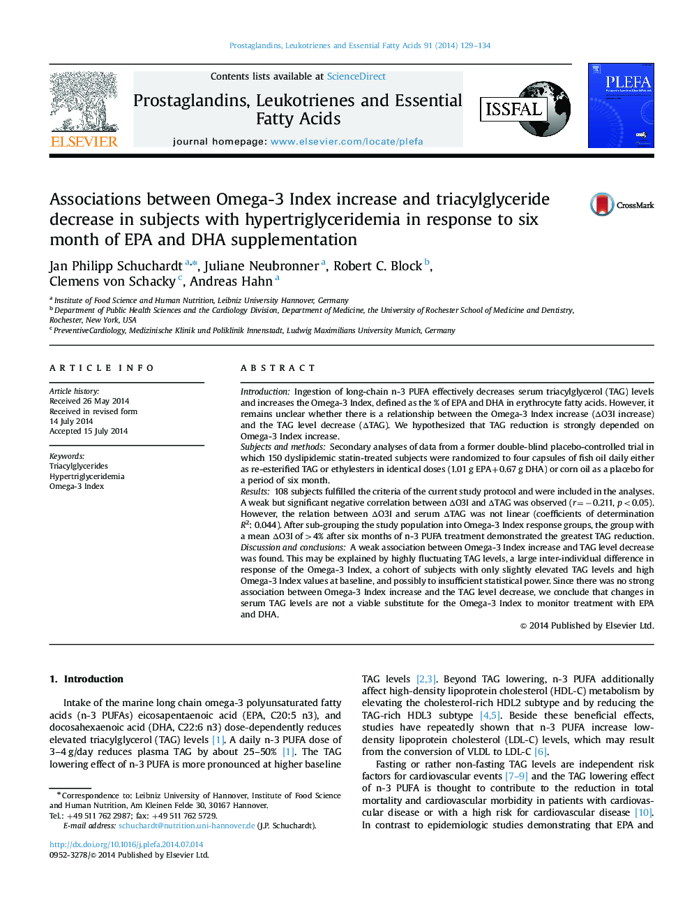 Associations between Omega-3 Index increase and triacylglyceride decrease in subjects with hypertriglyceridemia in response to six month of EPA and DHA supplementation