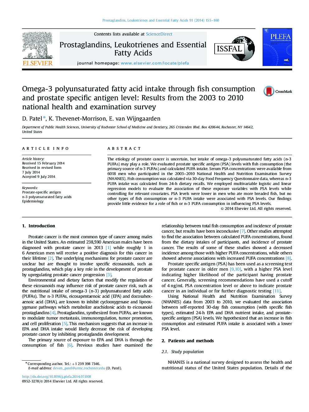 Omega-3 polyunsaturated fatty acid intake through fish consumption and prostate specific antigen level: Results from the 2003 to 2010 national health and examination survey