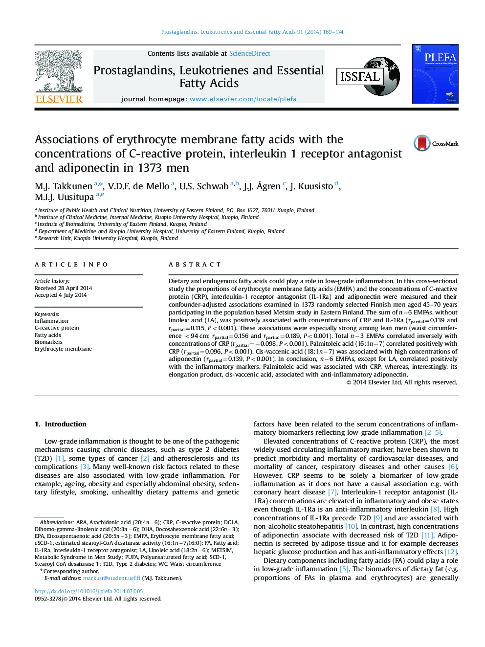 Associations of erythrocyte membrane fatty acids with the concentrations of C-reactive protein, interleukin 1 receptor antagonist and adiponectin in 1373 men